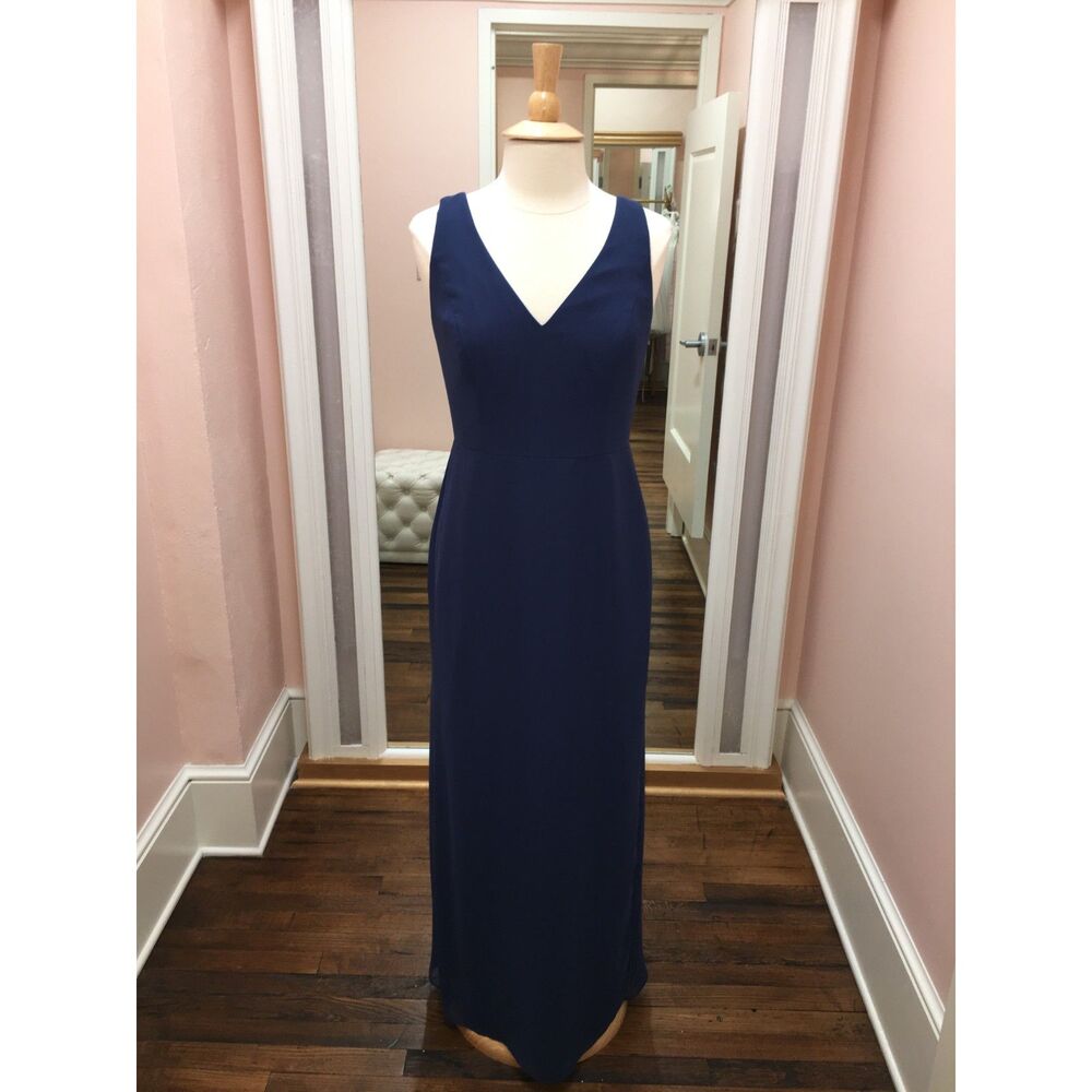 Dessy Long Soft Navy Chiffon Formal Bridesmaid Dress Bow Tie